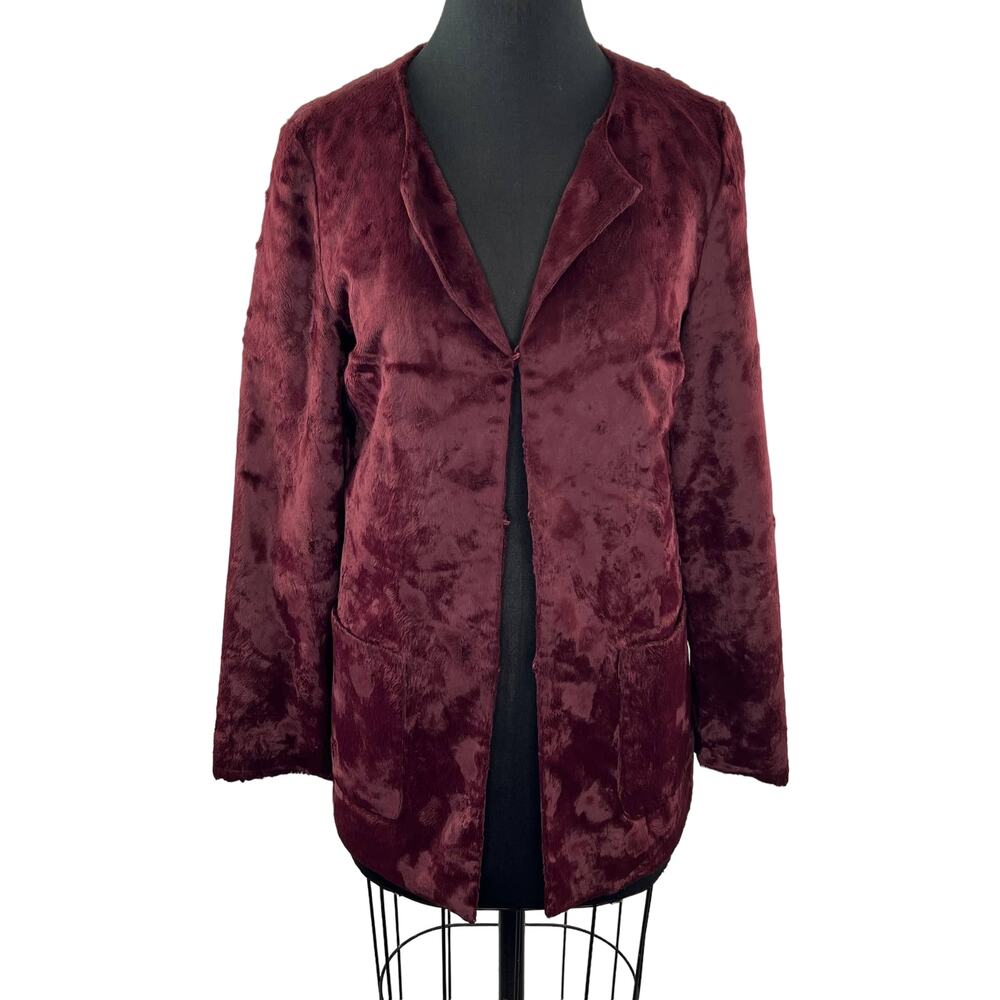 Anthropologie Tabitha Talley Faux Fur Coat Burgundy Red Wine Blazer Jacket S